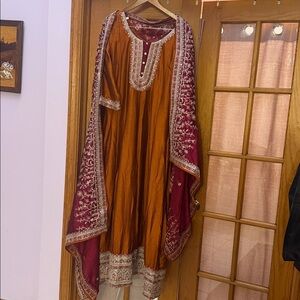 Rust anarkali with maroon Embroidered dupatta